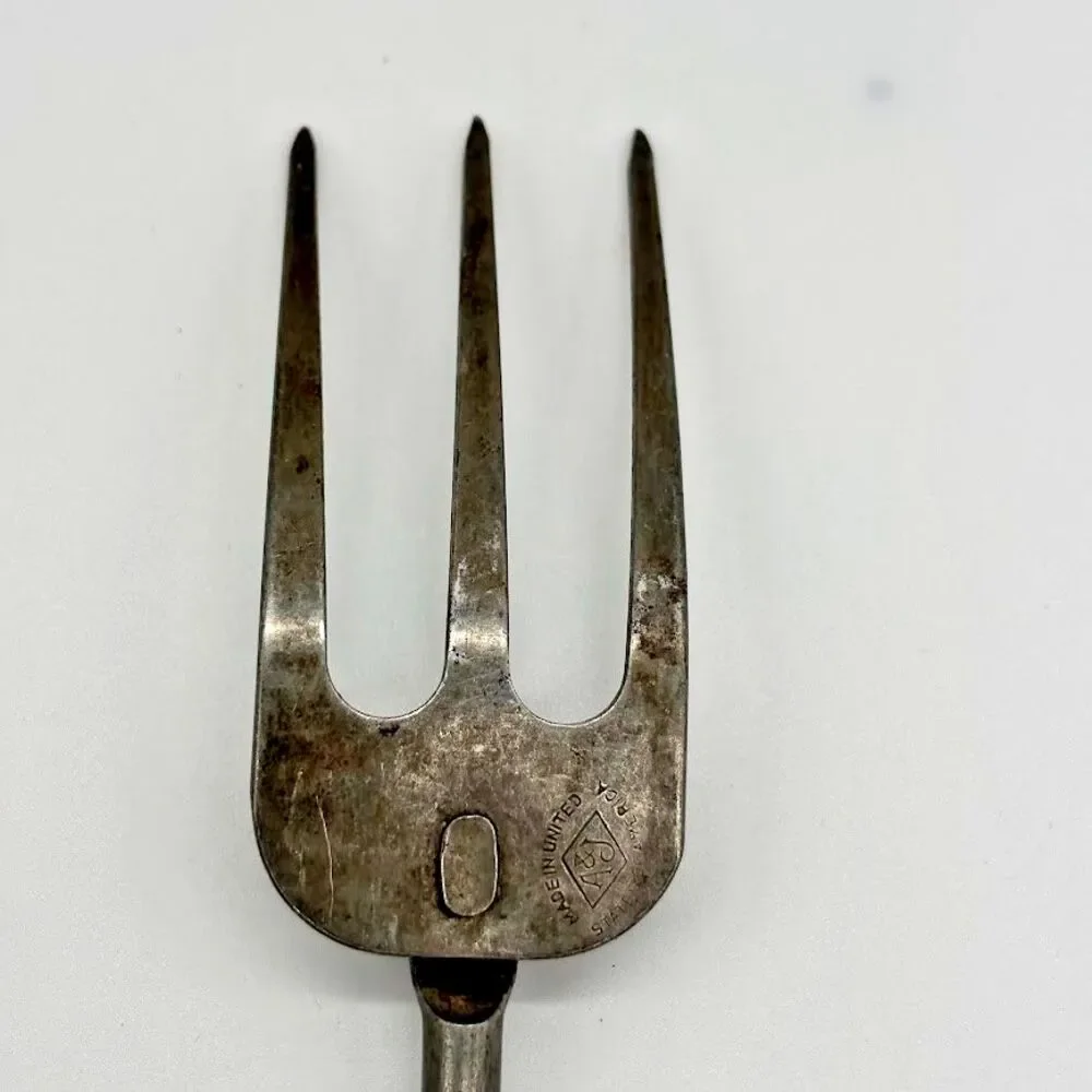 Vintage A&J USA 3 Tine Kitchen Fork Green Wood Handle Meat BBQ Cooking Utensil